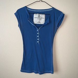 Blue Button V-Neck T-Shirt